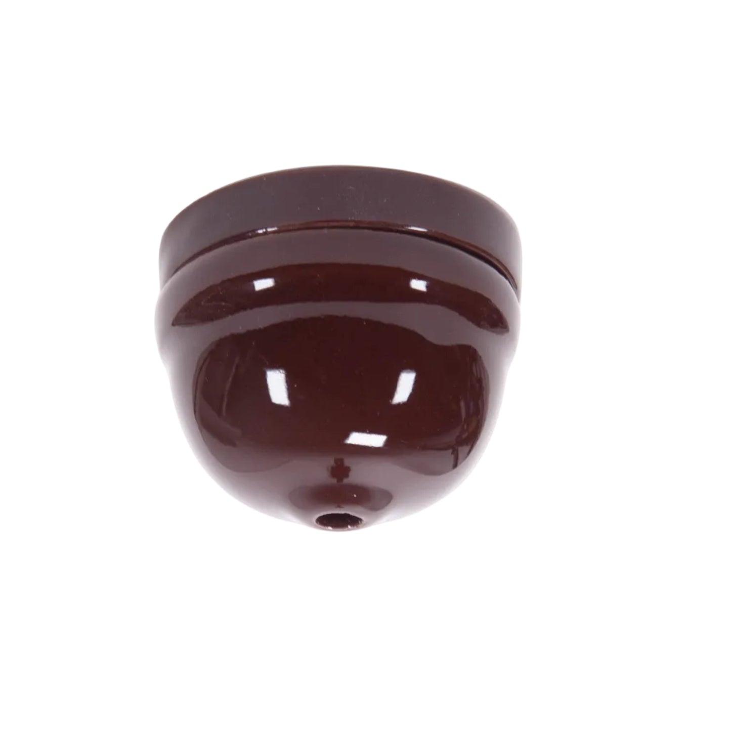 A glossy dark brown plastic dome-shaped ceiling rose component with a circular base and a small hole on top, photographed on a plain white background.