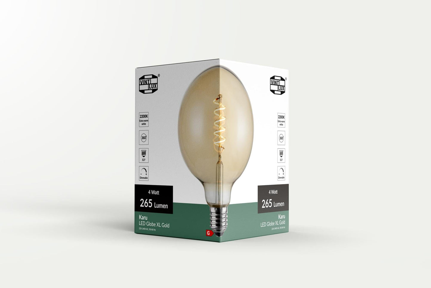 Vintlux E27 Dimmable LED Filament Lamp 4W G125 265lm 2200K Karu Globe XL Gold