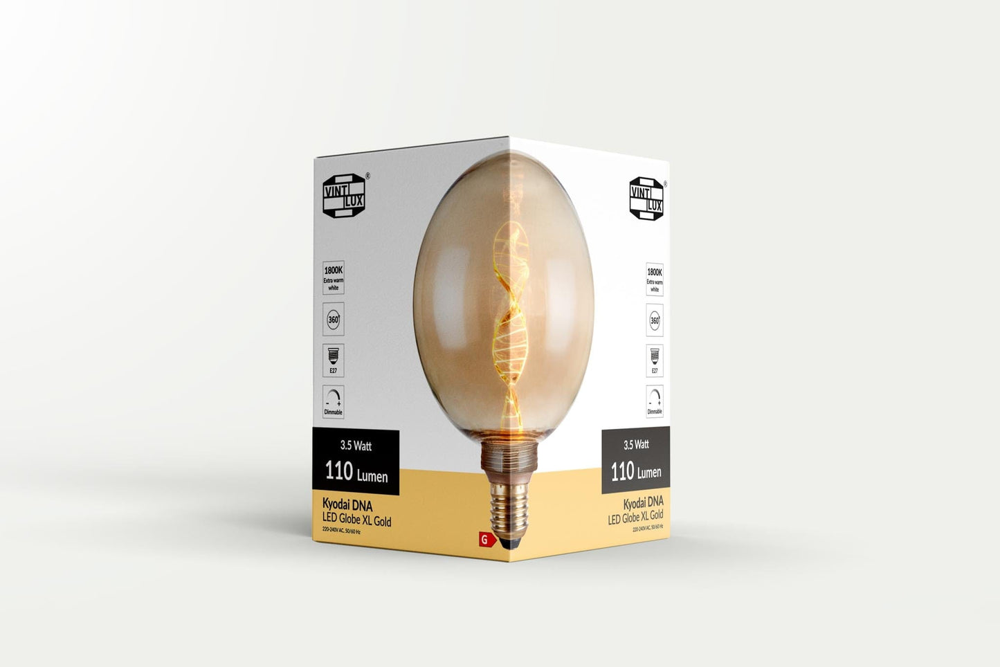 Vintlux E27 Dimmable LED Filament Lamp 4W G125 110lm 1800K Kyodai DNA Globe XL Gold
