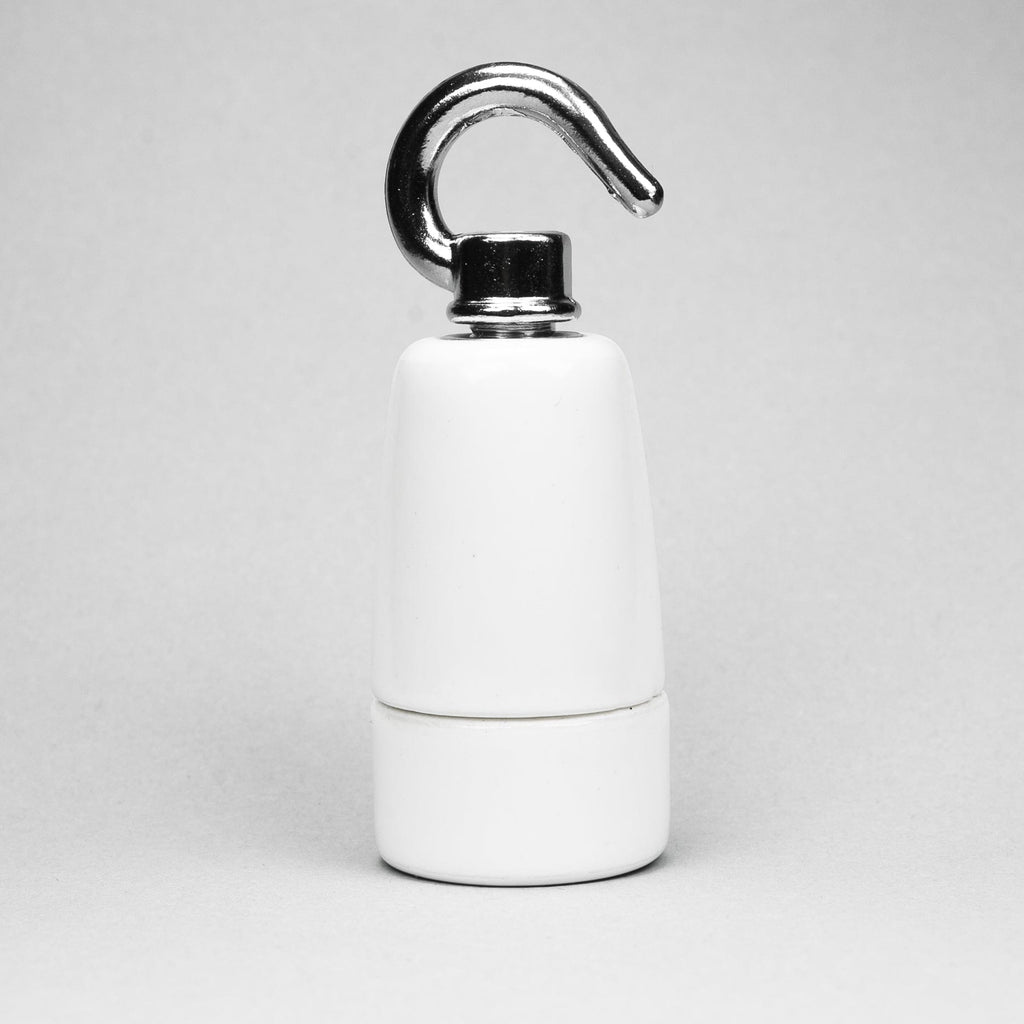 E14 (SES) White Ceramic Lampholder with silver hook