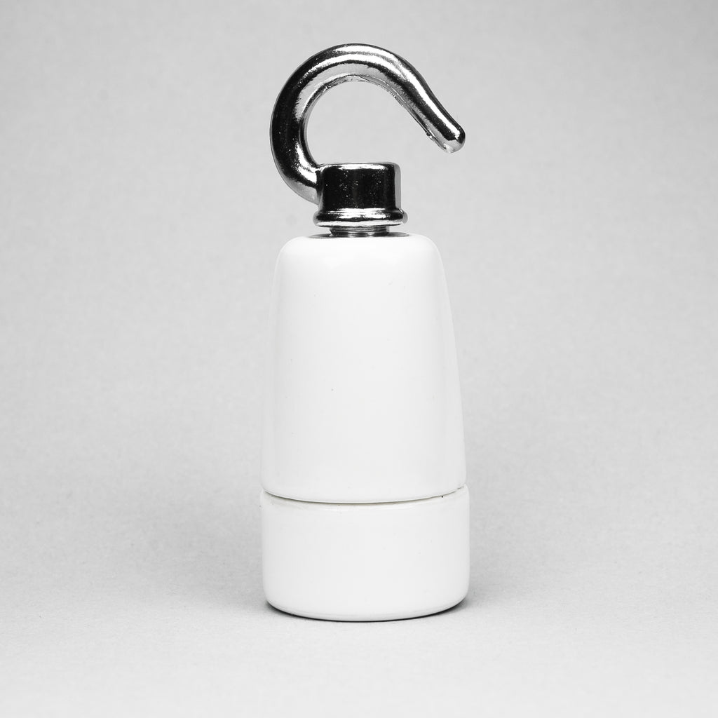 E14 (SES) White Ceramic Lampholder with silver hook