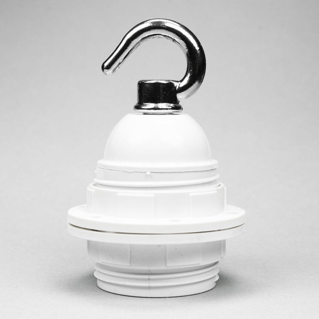 E27 White Plastic Wide Ring Lampholder with silver hook