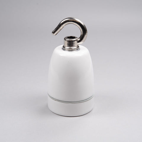 E27 White Ceramic Lampholder with Silver hook