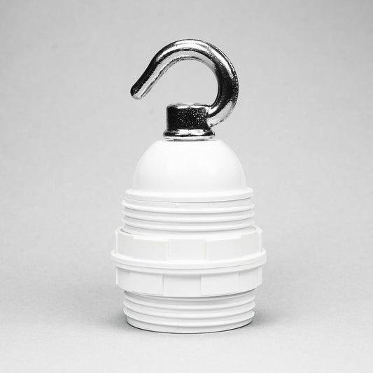 E27 White Plastic Lampholder with silver hook