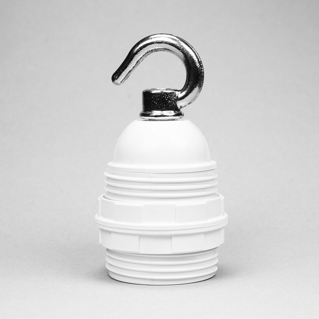 E27 White Plastic Lampholder with silver hook