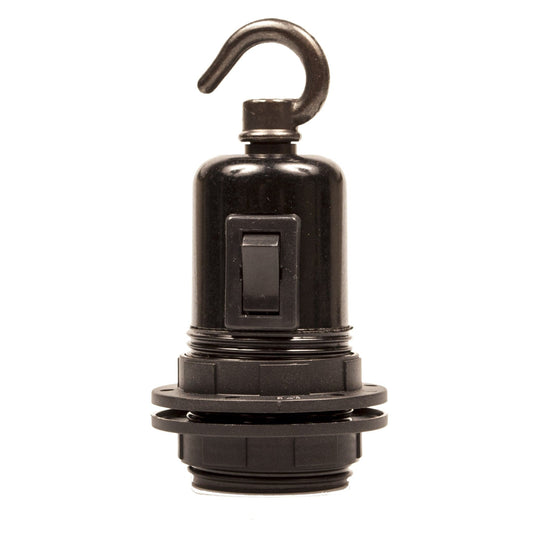 E27 Switched Black Bakelite Wide Ring Lampholder with hook - Enamel Shades