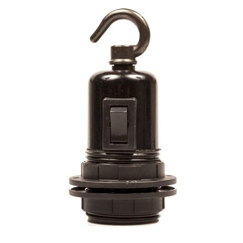 E27 Switched Black Plastic Wide Ring Lampholder with hook